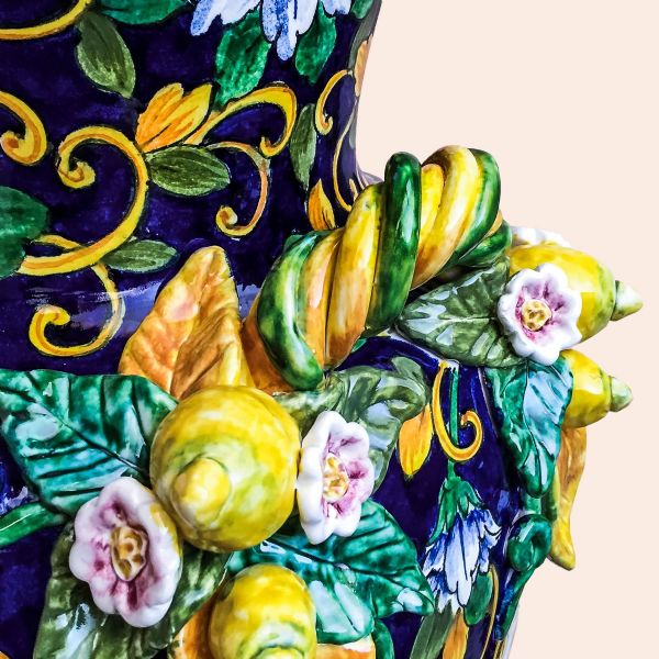 TALL MISSILE-SHAPED VASE LIMONI FONDO BLU cm.100h